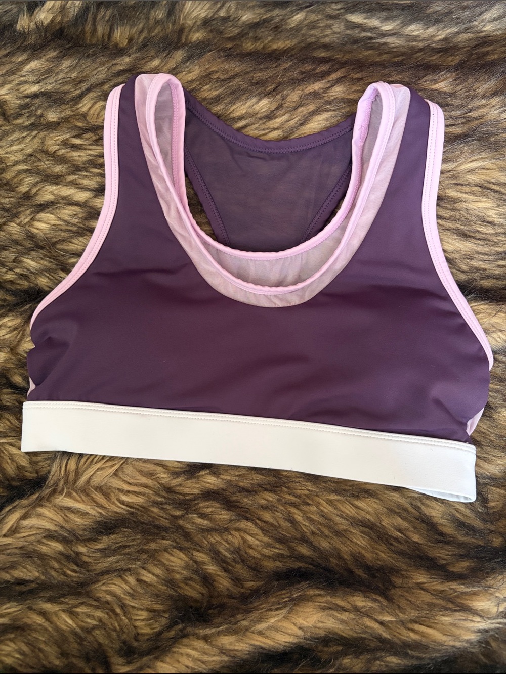 Senita Athletics Plum Sports Bra with Light Pink Mesh Trim and White Band Small